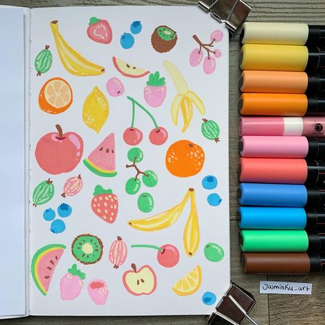 Fruit Marker Drawing, Posca Pattern Art, Cute Posca Pen Art, Pasco Marker Art, Posca Pens Doodles, Painting With Posca Pens, Posca Pens Art Ideas Aesthetic, Acrylic Pens Art, Doodle Art Markers