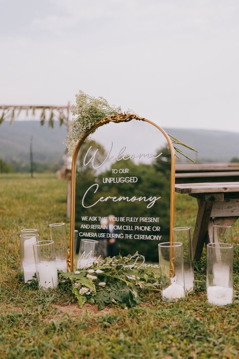 Vintage-inspired mirror signboard welcoming guests to your unplugged wedding. Boho Unplugged Ceremony Sign, Unplugged Ceremony Mirror Sign, Unplugged Ceremony Sign Mirror, Wedding Signs Unplugged Ceremony, Unplugged Wedding Sign Mirror, Vintage Mirror Wedding Sign, Mirror Signage, Pre Wedding Photoshoot Theme, Mirror Wedding Signs