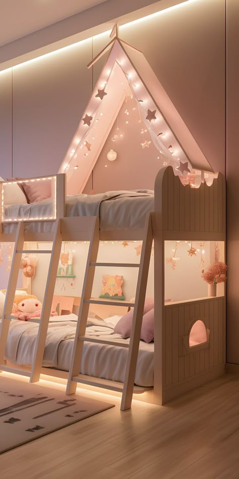 Dream Bunk Beds, Bunkbed Girls Room Ideas Aesthetic, Bunk Bed Rooms For Kids, Girls Bunk Beds Room Ideas, Kids Room With Bunk Bed, Cute Bunk Beds, Kids Bedroom Bunk Beds, Kids Bunk Bed Ideas, Girl Bunk Bed Rooms