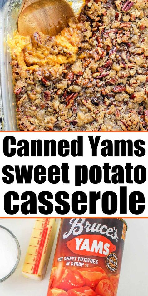 Copycat Ruth Chris sweet potato casserole recipe with canned yams and pecan topping is here! Best mashed yams side dish for Thanksgiving. Sweet Potato Casserole With Canned, Canned Sweet Potato Casserole, Canned Sweet Potato Recipes, Ruths Chris Sweet Potato Casserole, Canned Yams, Best Sweet Potato Casserole, Sweet Potato Casserole Easy, Canning Sweet Potatoes, Yam Or Sweet Potato