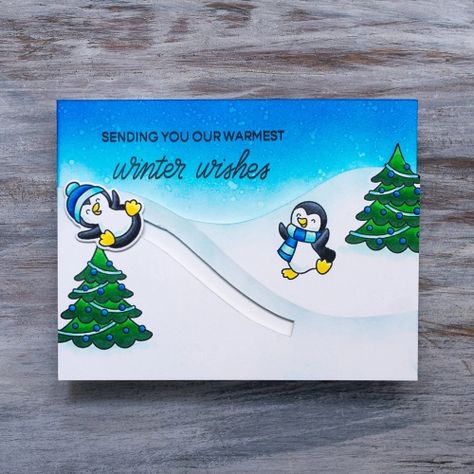 Interactive Card: Penguin Slider – Crafts by Channin Interactive Christmas Cards, Penguin Christmas Cards, Diy Slide, Spider Card, Wanna Build A Snowman, Tarjetas Pop Up, Spinner Card, Interactive Card, Fancy Fold Card Tutorials