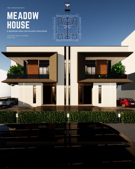 Twin Bungalow Elevation, Semi Detached House Exterior, Semi Detached House Design, Meadow House, Villa Exterior Design, Modern Bungalow Exterior, Townhouse Exterior, Modern Townhouse, Duplex Design