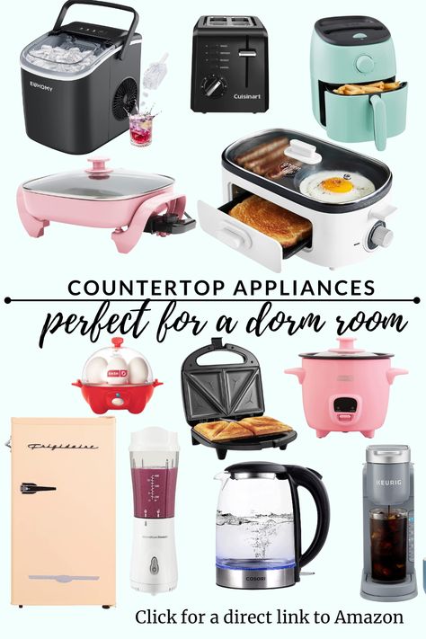 Countertop appliances perfect for college life in the dorm room! toaster, air fryer, keurig, griddle, rice maker, ice maker, counter top, appliances, mini fridge, college, dorm life, cooking in the dorm room #ad Cooking In Dorm Room, Dorm Cooking Essentials, College Dorm Cooking Essentials, Dorm Room Gadgets, Dorm Room Cooking Appliances, Food For College Students Dorm Room, Dorm Room Appliances, Dorm Room Meal Ideas, Dorm Room Food Ideas