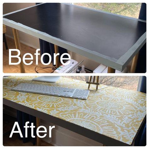 Wallpaper Ikea Desk, Wall Paper Desk, Ikea Desk Paint Ideas, Paint Ikea Table Top, Desk Cover Ideas Fabrics, Peel And Stick Desk Top, Ikea Alex Contact Paper, Cover Desk With Wallpaper, Ikea Table Top Hacks