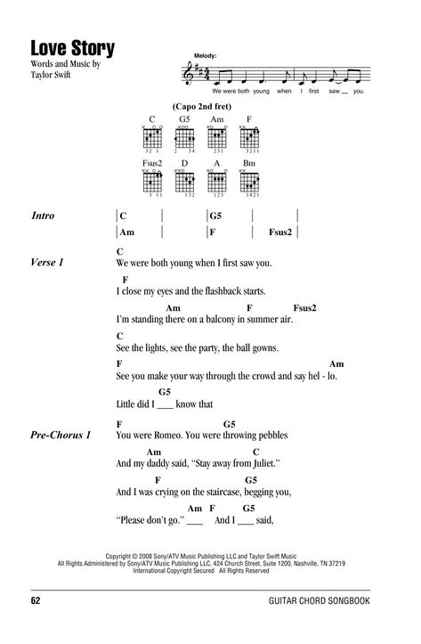 Love Story by Taylor Swift - Guitar Chords/Lyrics - Guitar Instructor Guitar Chords With Lyrics, Love Yourself Guitar Chords, Love Story Ukulele Chords, Sparks Guitar Chords, Enchanted Guitar Chords, Lover Taylor Swift Guitar Chords, Enchanted Taylor Swift Guitar Chords, Guitar Tabs Songs Taylor Swift, Taylor Swift Songs On Guitar