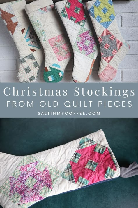 Quilt Christmas Stockings Diy, Quilt Wedding Decorations, Christmas Stockings From Old Quilts, Old Quilts Repurposed Sewing Projects, Christmas Stocking From Old Quilt, Christmas Trees Made From Old Quilts, Repurposed Vintage Quilts, Christmas Ornaments Made From Old Quilts, Repurpose Old Quilts Ideas