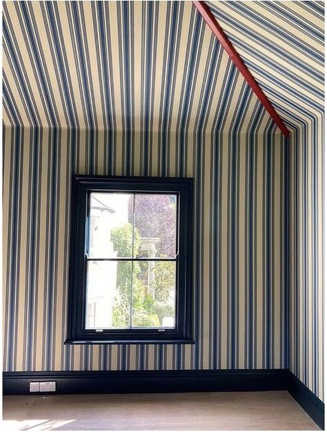 Wallpapered Sloped Ceiling, Striped Wallpaper Staircase, Farrow And Ball Tented Stripe, Ticking Stripe Wallpaper Bedroom, Pinstripe Wallpaper Bedroom, Blue Striped Wallpaper Bedroom, Wallpaper Walls And Ceiling, Pin Stripe Wallpaper, Stripes On Ceiling