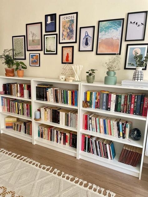 Horizontal Bookshelf Styling, Bookshelves In Hallway, Short Bookshelf Ideas, Family Room Bookshelves, Bookshelf In Living Room Layout, Hallway Library Ideas, Small Book Room, Bookshelves In Living Room Small Spaces, Home Book Shelf Ideas