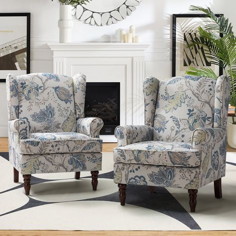 Buy Wooden Upholstered Armchair Set of 2 Wingback High Back Accent chair for Home Living Room, Blue at Walmart.com Sala Vintage, High Back Accent Chairs, Formal Lounge, Living Room Blue, Traditional Armchairs, Blue Couch, Wingback Chairs, French Sofa, Lounge Couch