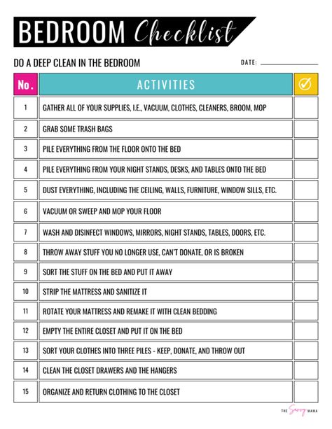 Bedroom Makeover Checklist, Daily Bedroom Cleaning Checklist, Cleaning List By Room Step By Step, Bedroom Deep Cleaning Checklist, Bedroom Declutter Checklist, Clean Bedroom Checklist, Deep Cleaning Bedroom Checklist, Step Bedroom, Free Checklist Template