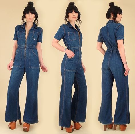 70s Jumpsuits For Women, Coverall Outfit Women, 70s Denim Jumpsuit, Coverall Outfit, 70s Denim, 70s Clothing, 70s Inspired Fashion, 70’s Fashion, Flare Jumpsuit