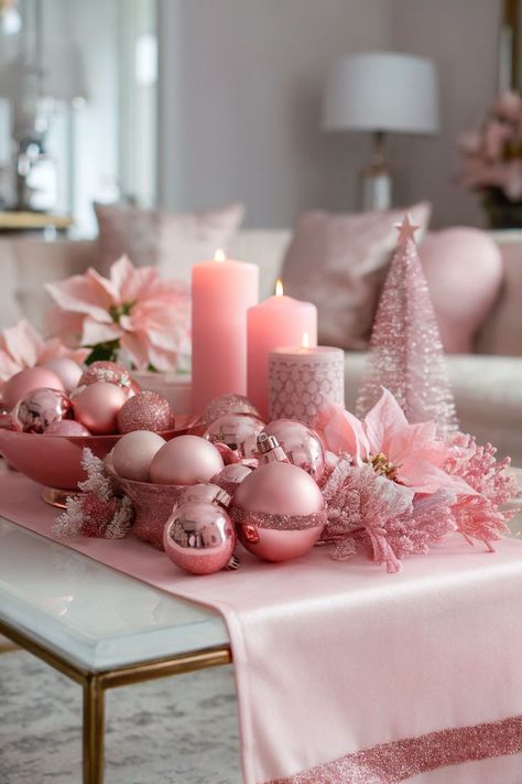 A coffee table set with pink Christmas decor, featuring ornaments, candles, and poinsettias for a soft, festive touch. Pink Christmas Decorations Living Room, Ideas For Coffee Tables, Stanley Christmas, Christmas Coffee Table Decor Ideas, Pink Christmas Table, Christmas Coffee Table, Coffee Table Decor Ideas, Christmas Coffee Table Decor, Glitter Reindeer