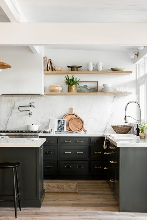 Studio Mcgee Open Shelving Kitchen, Studio Mcgee Dark Kitchen, Non White Cabinet Kitchen, Shelves By Hood In Kitchen, Dream Home Makeover Studio Mcgee Kitchen, Studio Mcgee Open Shelving, Stunning Small Kitchens, Kitchen Inspo Dark Cabinets, Modern Kitchen With Open Shelves