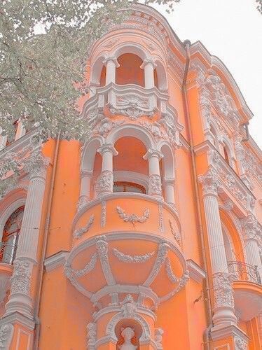 Orange Building Aesthetic, Pastel Orange Aesthetic, Orange Castle, Orange Building, Orange Aesthetics, Cat Ears And Tail, Kidcore Aesthetic, Building Aesthetic, Pastel Orange