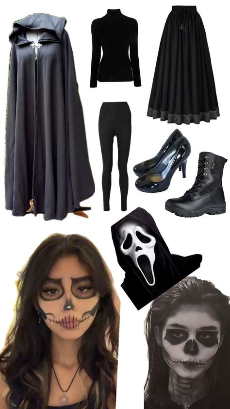 Grim reaper/Scream costume I find them to be similar so just one post for both.The goal for it was to be comfy, simple, easy, and not to expensive you can probably find a pair of leggings and a long sleeve shirt or just a regular t-shirt simple easy maybe a cloak form an old costume black shoes (whatever you want) and black eyeshadow for the makeup white foundation if you wanna go the extra mile. Anyway this got to long happy Halloween you get the point. 😅🎃 Grim Reaper Makeup, Scream Halloween Costume, All Black Halloween Costume, Ghostface Costume, Costume Simple, Scream Costume, Grim Reaper Costume, White Foundation, Old Costume