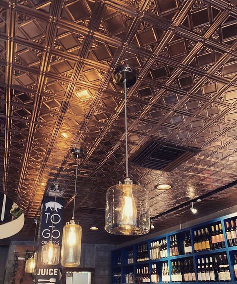 Man Cave Ceiling Ideas, Whiskey Library, Unique Ceiling Ideas, Celing Light, Tin Ceilings, Faux Tin Ceiling, Salt Room, Faux Tin, Ceiling Ideas