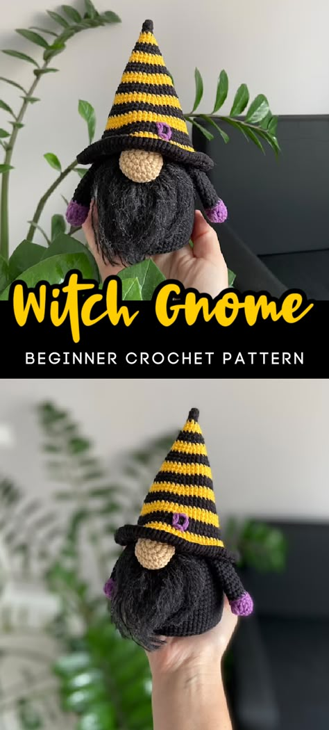 Crochet For Witches, Crochet Witchy Stuff Free Pattern, Crocheted Witches, Crochet Witch Gnomes Free Pattern, Crochet Halloween Gnomes Free Pattern Easy, Crochet Halloween Gnomes Free Pattern, Free Fall Gnome Crochet Pattern, Fall Crochet Gnome, Halloween Gnomes Crochet