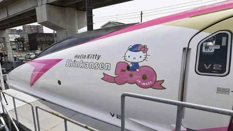 All aboard! Hello Kitty bullet train debuts in Japan - CGTN Train Japan, Hello Kitt, Hello Kitty Images, Bullet Train, Global Icon, Hello Kitty Backgrounds, Train Pictures, Hello Kitty Pictures, Osaka Japan