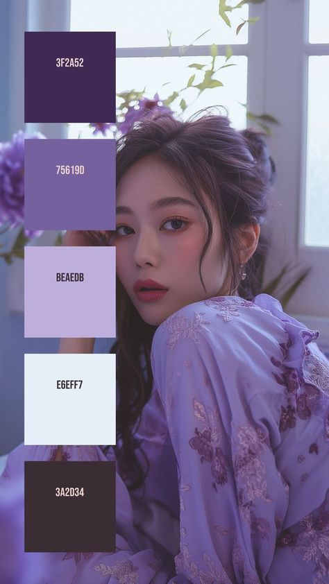 Colors:
3F2A52
75619D
BEAEDB
E6EFF7
3A2D34 Soft Romantic Aesthetic, Subtle Eye Makeup, Romantic Aesthetic, Hex Color Palette, Lavender Dress, Her Makeup, Lavender Dresses, Hex Colors, Soft Natural