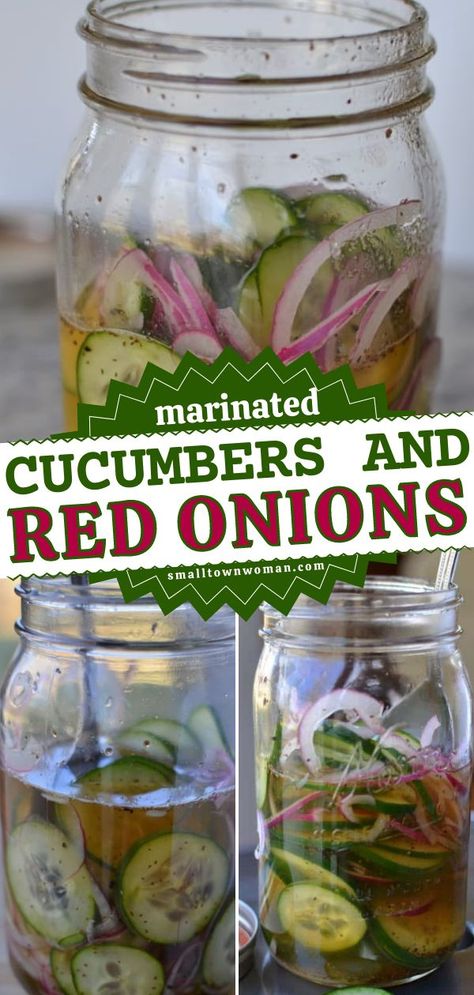 MARINATED CUCUMBERS AND RED ONIONS, side dishes, salad recipes Pickled Vegetables Recipe, Small Town Woman, Marinated Cucumbers, Grilled Food, Cucumbers And Onions, Pickled Veggies, Cucumber Recipes, Pickled Vegetables, Pickling Cucumbers