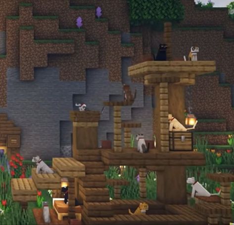 Animal Room Minecraft, Minecraft Cat Enclosure, Cat Room Minecraft, Minecraft Pet Room, Minecraft Cat Build, Cat Tree Minecraft, Cute Minecraft Aesthetic, Minecraft Cat Statue, Cat House Minecraft