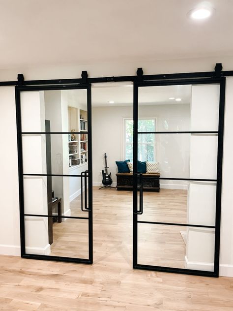 Glass Sliding Interior Doors, Glass Door Room Separator, Instead Of Barn Doors, Modern Pantry Sliding Door, Barn Door With Frosted Glass Panels, Glass Interior Barn Doors, Glass Doors With Black Frame, Glass Barn Door Kitchen, Sliding Modern Door