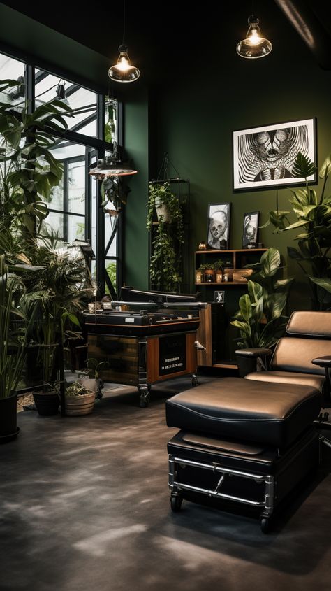 Green Lash Room, Green Tattoo Studio, Dark Green Esthetician Room, Moody Spa Aesthetic, Salon Interior Design Black, Goth Salon, Private Tattoo Studio, Dark Esthetician Room, Tattoo Shop Interior