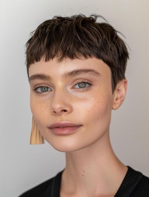 Trending Now: Short Hair with Curtain Bangs - A Stylish Look Editorial Short Hair, Hippie Hairstyles Short Hair, Pixie With Short Bangs, Short Non Binary Haircuts, Jacket Hairstyles, Trendy Haircuts For Short Hair, Ultra Short Hair, French Pixie, Short Fringe Bangs