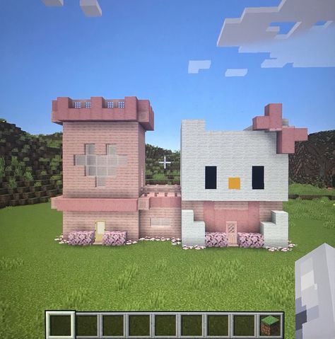 Houses On Minecraft Easy, Hello Kitty House In Minecraft, Minecraft Building Ideas Hello Kitty, Minecraft Hello Kitty Build, Mincraft Idea Houses Coquette, Cutesy Minecraft Builds, Pink Minecraft Bedroom, Minecraft Easy Houses, Hello Kitty Minecraft House