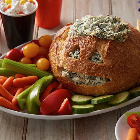 Dip Bread Bowl, Spinach Dip Bread, Spinach Dip Bread Bowl, Bread Bowl Dip, Halloween Dip, Bread Bowl Recipe, Creamy Spinach Dip, Halloween Food Appetizers, Halloween Snack