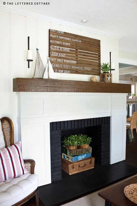 Empty Fireplace Ideas, White Fireplace Surround, Unused Fireplace, Coastal Fireplace, The Lettered Cottage, Lettered Cottage, Summer Mantel, White Fireplace, Basket And Crate