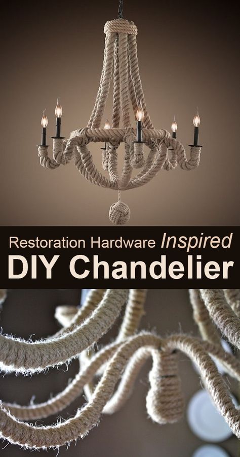 Wrap an existing chandelier in rope to replicate this Restoration Hardware lamp. | 35 Money-Saving Home Decor Knock-Offs Restoration Hardware Lamps, Chandelier Makeover, Diy Home Decor For Apartments, Rope Chandelier, Restoration Hardware Inspired, Diy Dining Room, Diy Lampe, Diy Chandelier, Shabby Chic Bedrooms