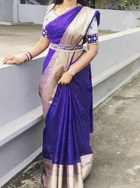 Blue Saree With White Blouse, Saree With White Blouse, Blouse With Mirror Work, Saree Belt, Draping Ideas, Silk Saree Blouse Designs Patterns, Saree With Belt, Blouse Designs High Neck, White Violet