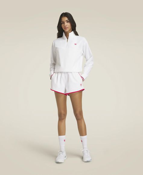 DAVENPORT WOVEN POP OVER | Wilson Sporting Goods Sport Coach Outfit, Wilson Tennis Outfit, Tennis Outfit Women Athletic Wear, Workout Wear Outfits, Soccer Fits, Summer Sports Outfits, Athleisure Chic, Summer Workout Outfits, Wilson Sporting Goods