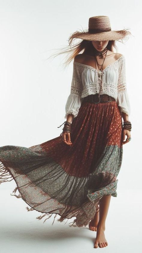 Boeheim Outfits, Craft Clothes, Hippy Style, Maxi Skirt Style, Bohemian Style Clothing, Estilo Hippie, Boho Style Outfits, Hippie Style Clothing, Fashion Boho