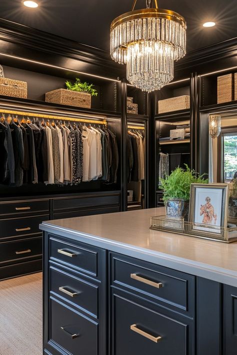 Create a closet that feels like your personal boutique. Use display racks, velvet-lined drawers, and chic lighting to showcase your favorite pieces in style. 🛍️✨👠 #BoutiqueCloset #FashionForward #HomeDecor #ClosetInspiration Dark Painted Closet Interior, Black Master Closet, Black And Gold Closet, Dark Walk In Closet, Moody Closet, Designer Closets, Vanity Closet Ideas, Seoul Apartment, Vanity Closet