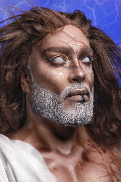 Zeus Costume Men, Greek Inspired Makeup, Hades Makeup Men, Greek God Makeup Men, Poseidon Makeup, Zeus Makeup, Greek God Makeup, Zeus Cosplay, Greek Mythology Makeup