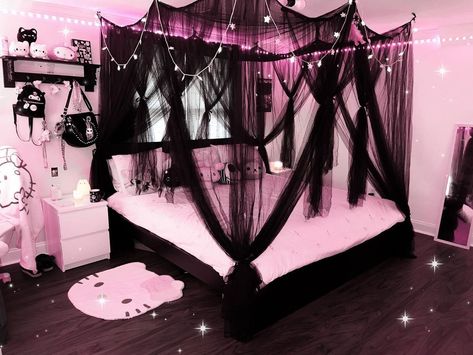 Black Bed Pink Room, Gothic Kawaii Room, Black And Pink Aesthetic Bedroom, Pink And Black Room Decor Ideas, Gothic Y2k Room, Pink And Black Room Aesthetic Grunge, Pink Room Black Furniture, Black And Pink Goth Room, Pastel Gothic Room