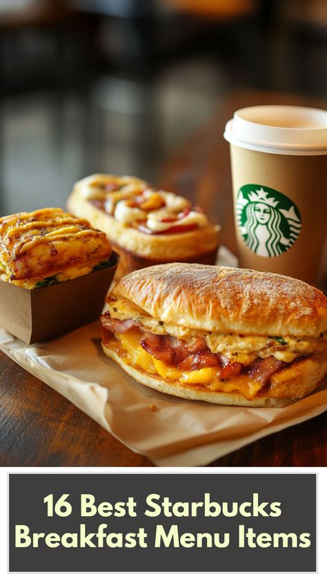 A selection of Starbucks breakfast items, including savory sandwiches and sweet pastries, displayed on a table with a cup of coffee. Starbucks Food Breakfast, Starbucks Breakfast Sandwich, Starbucks Pastries, Starbucks Sandwiches, Savory Sandwiches, Starbucks Breakfast, Cheese Twists, Starbucks Secret Menu Drinks, Starbucks Secret