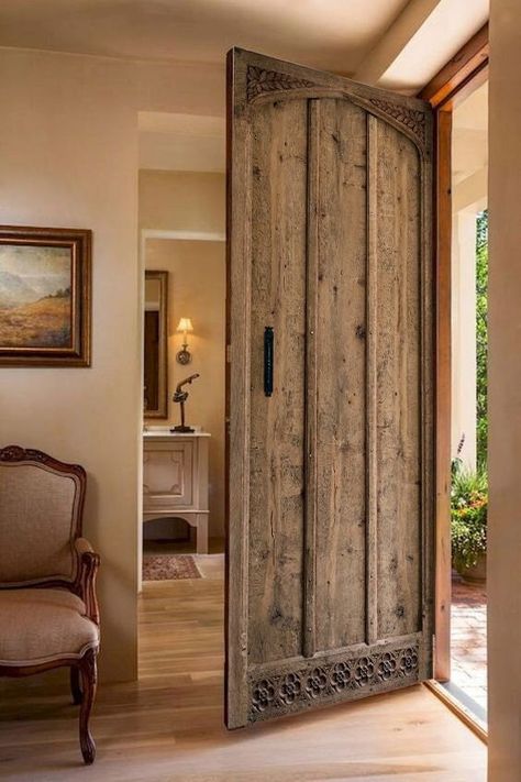 French Country Doors Interior, Huge Doors Entrance, Wood Bedroom Door, Interior Door With Glass, Wood Door Designs, Unique Doors Interior, Rustic Wood Door, Stained Interior Doors, Spanish Wood Door