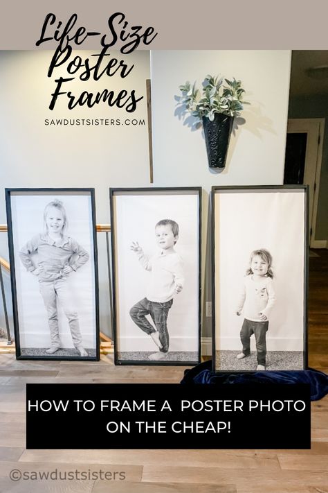 Ikea Poster Frame, Poster Size Pictures Of Kids, Tall Picture Frame Ideas, Wall Poster Frame Ideas, Diy Big Picture Frame Wall Art, Large Photo Prints On Wall, Tv Surrounded By Pictures, Long Photo Frame, Diy Large Picture Frame Wood