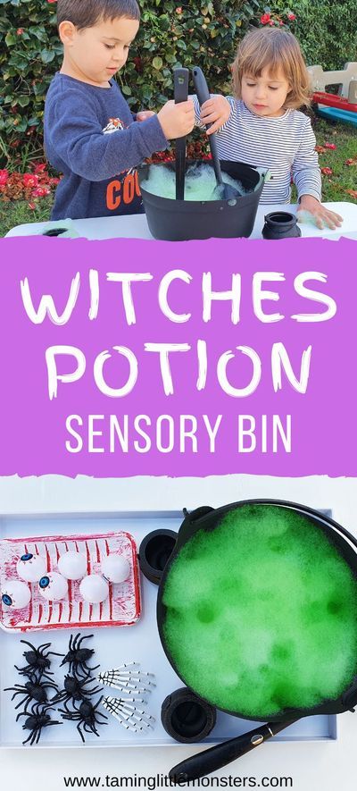 Have fun with this witches potion sensory bin for toddlers and preschoolers. Your kids will love brewing up some magic with this Halloween play idea. Green soap foam and Halloween toys create a fun and easy sensory bin. #Halloween #sensory #toddler #preschool #witch Potion Sensory Bin, Potions For Kids, Halloween Soup, Halloween Sensory Bin, Halloween Activities For Toddlers, Halloween Crafts Preschool, Halloween Sensory, Witch Potion, Sensory Activities Toddlers