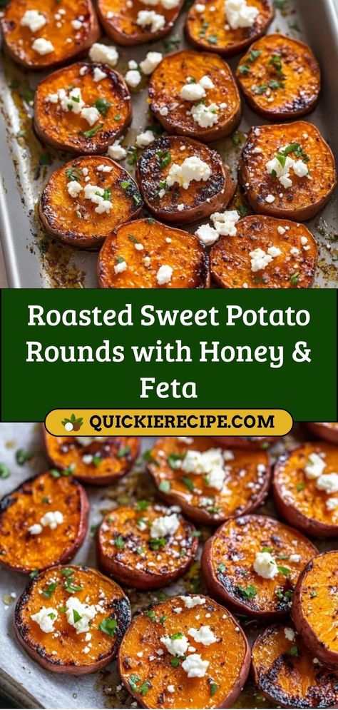 Sweet, savory, and bursting with flavor, these Roasted Sweet Potato Rounds with Honey & Feta are a simple and delicious side dish. The perfect balance of sweet, salty, and tangy! Ingredients: 2 large sweet potatoes, sliced into rounds 1/4 cup honey 1/4 cup crumbled feta cheese 1 tbsp olive oil A sweet and savory side dish that’s sure to impress Potatoes With Feta Cheese, Potatoes With Feta, Honey Feta, Roasted Sweet Potato Slices, Savory Sweet Potato Recipes, Sweet Potato Rounds, Potato Rounds, Sweet Potato Dinner, Sweet Potato Side Dish