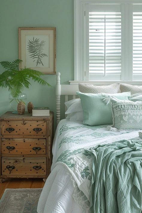 29 Boho Coastal Bedroom Ideas for a Breezy, Beachy Haven 22 Seafoam Bedroom, Cozy Small Bedroom Decor, Seafoam Green Bedroom, Colorful Boho Decor, Boho Coastal Bedroom, Mint Green Bedroom, Light Seafoam Green, Coastal Bedroom Ideas, Green Bedroom Walls