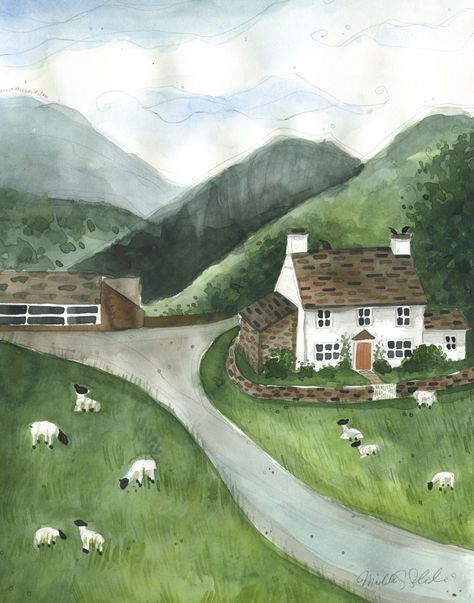 Irish Farm, Farm Landscape, Irish Landscape, Irish Cottage, Canvas For Beginners, Cottage Art, Irish Art, Landscape Illustration, Whimsical Illustration