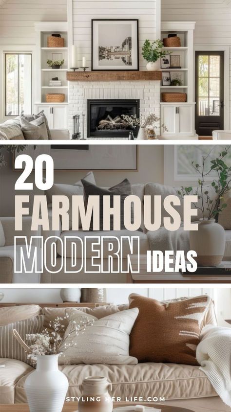 Modern Farmhouse Living Room Design Ideas, Minimal Farmhouse Decor Living Room, Modern Farmhouse Decorating Ideas For The Home, Modern Farmhouse Cottage Living Room, Natural Modern Farmhouse Living Room, Farmhouse Modern Living Room Ideas, Living Room Cozy Farmhouse, Modern Farmhouse Furniture Diy, Placing Furniture Around Fireplace