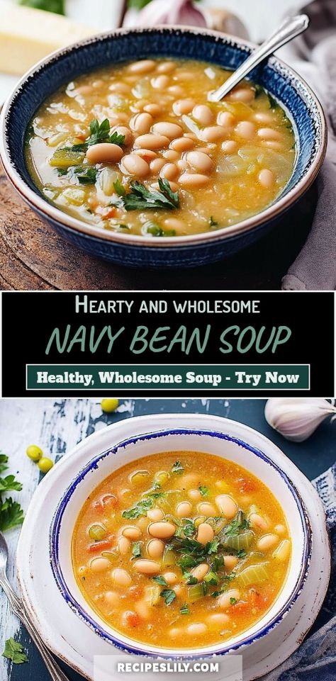 Warm up your day with a hearty bowl of Navy Bean Soup! Packed with protein and flavor, this classic recipe is perfect for cozy dinners. Made with tender navy beans, fresh vegetables, and a hint of seasoning, it’s both nutritious and satisfying. Ideal for meal prep, this soup freezes well, making it a go-to for busy weeks. Don’t miss out on this delicious comfort food that everyone will love! Try making it today for a wholesome family meal. Navy Bean And Kale Soup, Navy Bean Soup With Canned Beans, Navy Bean Soup With Smoked Turkey, Navy Bean Soup Crockpot, Navy Bean Soup Recipes, Navy Beans Recipe, Navy Bean Recipes, Bean Soup Crockpot, Navy Bean Soup