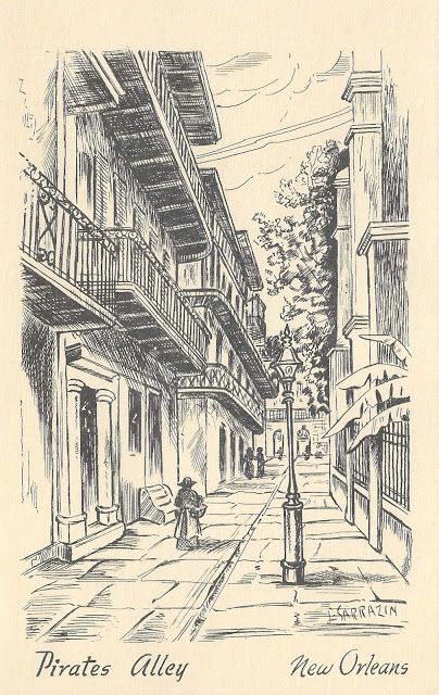 Vintage pen and ink drawing.  Pirate's Alley, New Orleans. Pen And Ink Drawings, New Orleans Art, City Sketch, Vintage Pens, Inspiration Tattoo, City Drawing, Vintage Drawing, Perspective Drawing, Alphonse Mucha