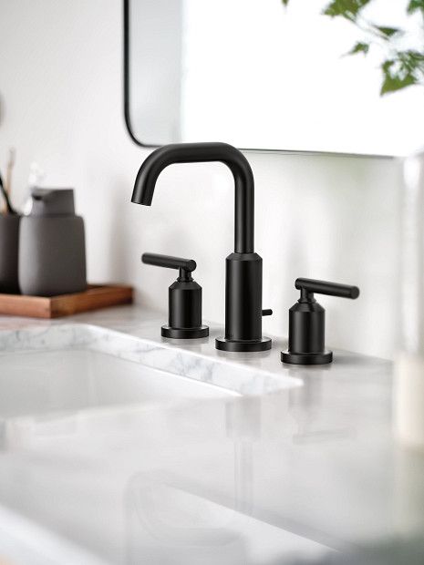 Moen Gibson, Black Bathroom Fixtures, Moen Bathroom Faucets, Black Faucet Bathroom, Bathroom Faucets Black, Matte Black Bathroom, Black Faucet, Colorful Kitchen, Widespread Bathroom Faucet