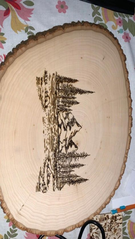 Hand burned scene of the mountains into a piece of wood  IMPORTANT Please message me first before purchasing. All items are made to order which can take between 1-2 days and shipping will be done after within 3-5 days. Thank you :) Wood Burning Trees And Mountains, Wood Burning Ideas Mountains, Wood Burned Picture Frame, Wood Burning Mountain Scene, Woodburning Crafts, Burning Mountain, Business Crafts, Winter Wallpapers, Wood Burn Designs